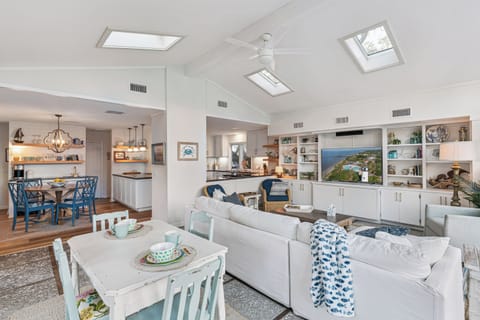 Bright, airy living space with skylights flooding natural light over comfortable seating and coastal-inspired décor.