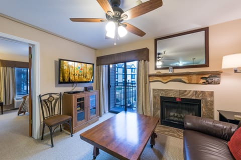 Living room with fireplace and a tv
