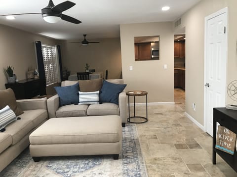 View from entrance of living room, dining room and kitchen 