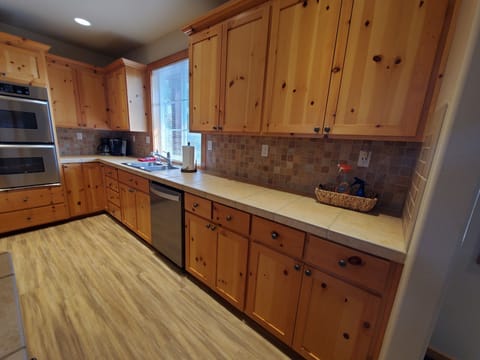 Kitchen sink and dishwasher with view of the territory.