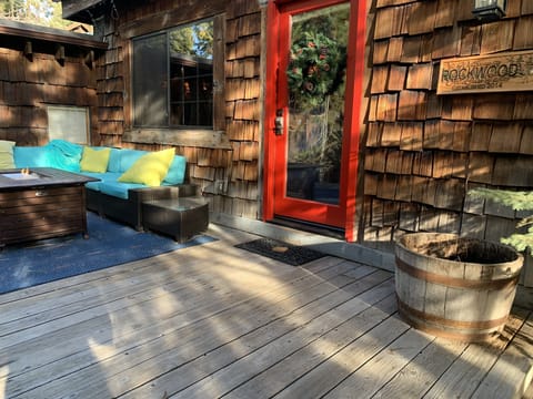 Deck with patio furniture and fire pit