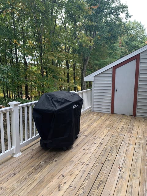 Back deck with brand new grill and storage closet