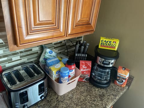 Coffee Station with coffee varieties, creamers, sugar & sugar free options. 