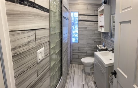 Fancy looking bathroom with Bluetooth speaker to enjoy with your shower !