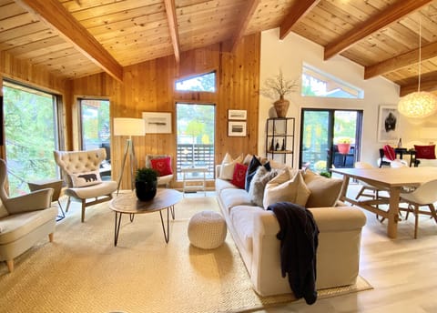 Open plan living room with vaulted ceiling and amazing mountain views