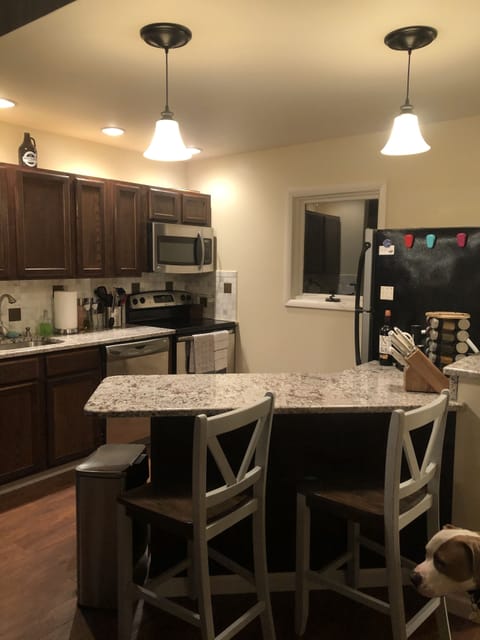 Updated stainless steel kitchen with granite breakfast bar