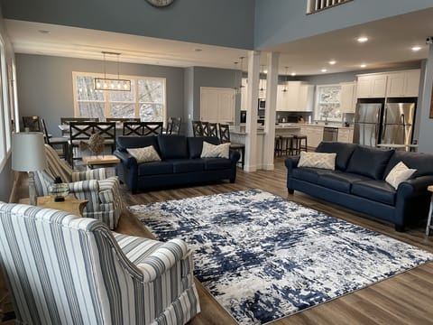 Great room, dining room, and kitchen