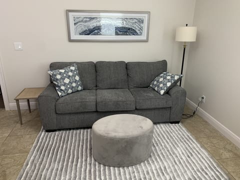 Living Room with upholstered sofa, area rug, ottoman, and floor lamp
