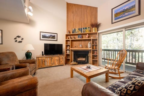 Wood burning fireplace and beautiful views of the Aspen Trees in the living room