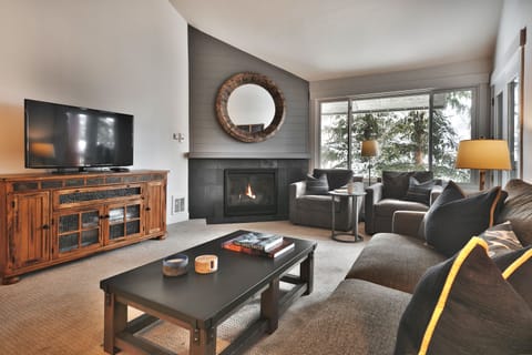 Comfortable seating in the living room with a gas fireplace