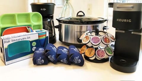 KITCHEN ESSENTIALS FOR YOUR VACAY ALWAYS INCLUDED: Drip and Keurig Coffee Makers with Kcups, Kids Dinnerware, Coozies & a  Slow Cooker!