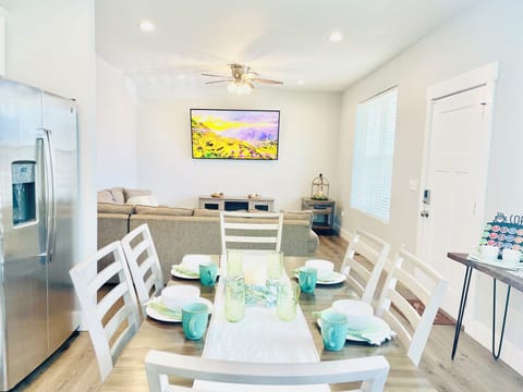 Sleeper sofa faces 75” Smart TV with DirectStream or your favorite apps.