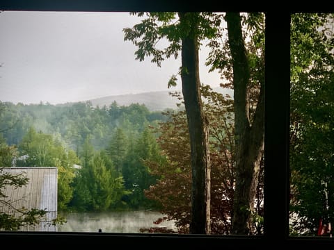 Early morning summer mist over Lake Rescue, viewed from the king bedroom