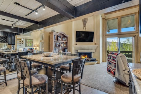 Living area with wood-burning fireplace