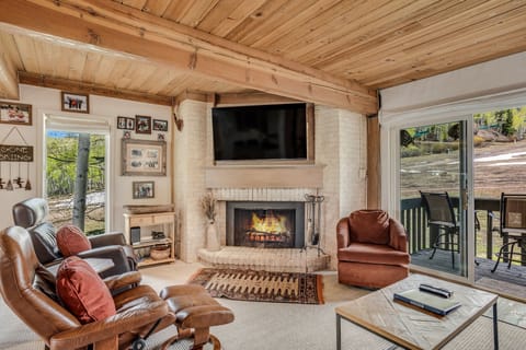 Living room with wood-burning fireplace