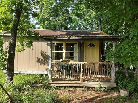 EXTERIOR:  The front of the cabin in the summer.  Note the authentic "Hillbilly-chic" fun design.  ;-)