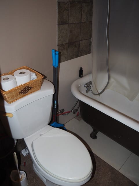 BATHROOM: Includes a tub, shower, and toilet. Note that there is no sink, vanity, nor mirror in the bathroom.