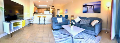 Recently redecorated living room open to kitchen & dining