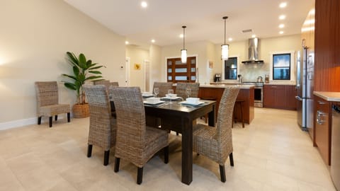 Indoor dining table that seats six