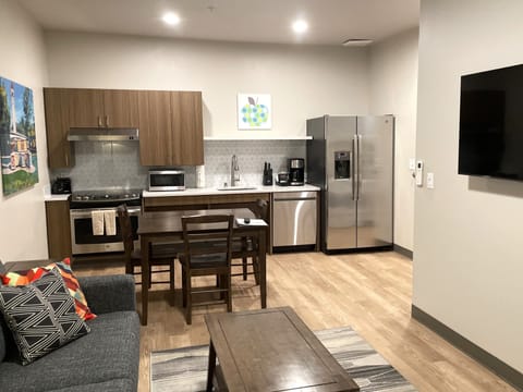 Kitchen, dining area, seating area