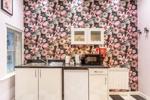 Kicthenette with fridge, microwave, kettle and toaster