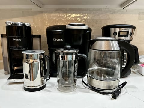 Keurig duo, 12 cup coffee maker, nespresso vertuo and milk, french press, kettle