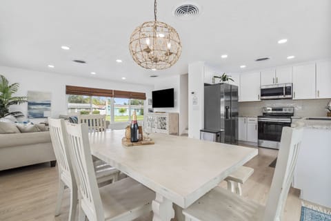 The dining room table can seat 6-8 people