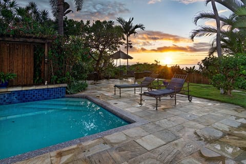 Your personal oasis — a stunning pool framed by tropical plants, fruit trees, and peaceful landscaped grounds.