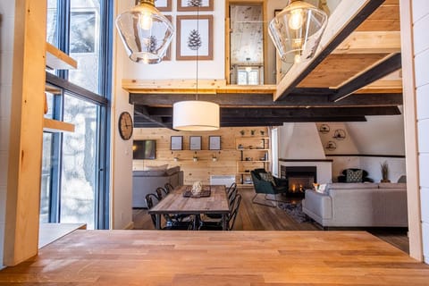 View from kitchen to dining and living spaces