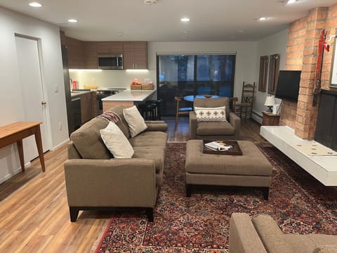 Open floor plan living, dining, kitchen area, with patio and gas grill.