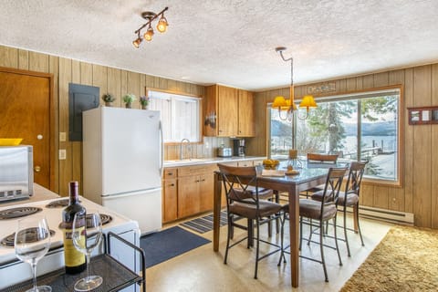 Kitchen with clear views of the lake and mountains