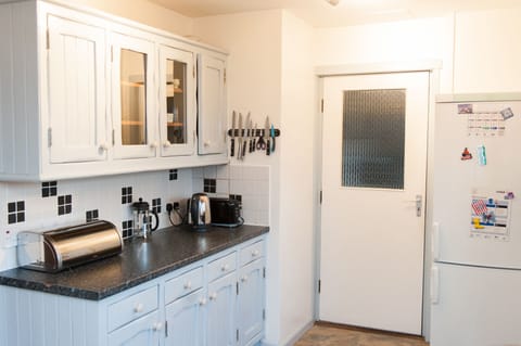 Kitchen. Kettle and cafetiere on the left. Fridge and freezer on the right