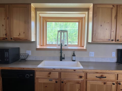 Kitchen sink with window facing back of the house 