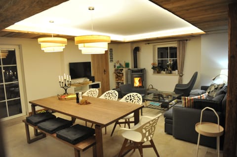 The living area and dining table