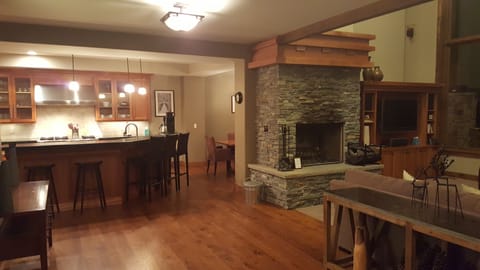 Kitchen and living area with wood burning fireplace