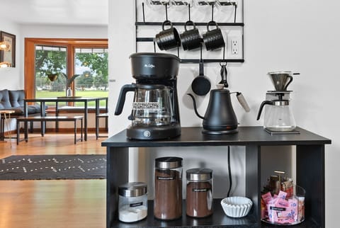 Coffee bar with drip and pour over options, electric kettle. Pilao (Favorite Brazilian coffee of my wife's family) always provided, along with decaf and teas