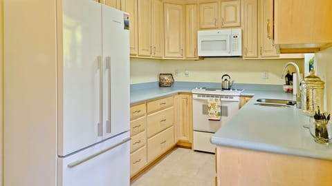 Fully equipped kitchen with new fridge and new oven/range.