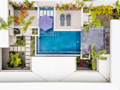 Beautiful pool and garden space.