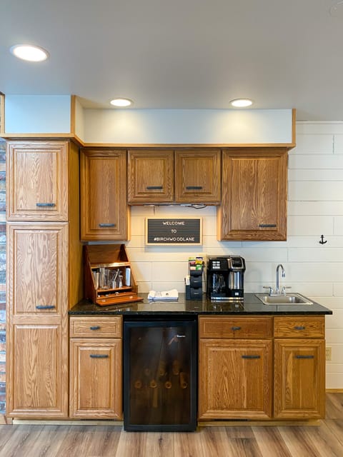 Beverage station with bar kit, wine fridge, full coffee pot and K cup brewing