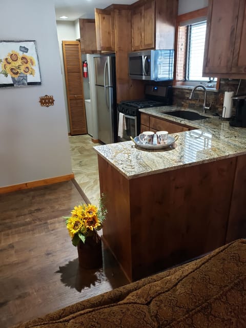 Granite countertops, touchless faucet, gas stove, full size refrigerator