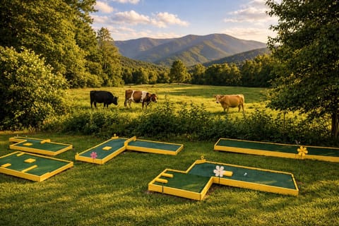 A family‑friendly mini‑golf setup nestled in open green space, framed by rolling mountains and peaceful cows in the fenced pasture