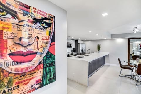 View into kitchen, dining area