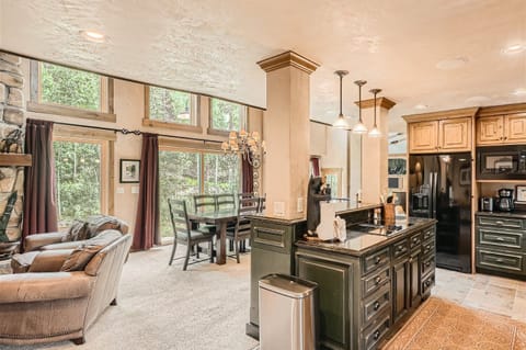 Open-concept living and dining area with large windows, stone fireplace, and high ceilings. Kitchen island with black countertop and pendant lights. Dark green cabinets and stainless steel appliances.