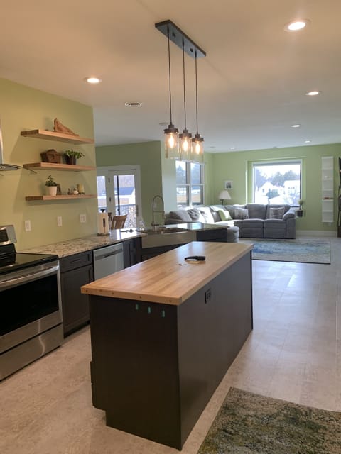 Butcher block island, granite counters, all new appliances!