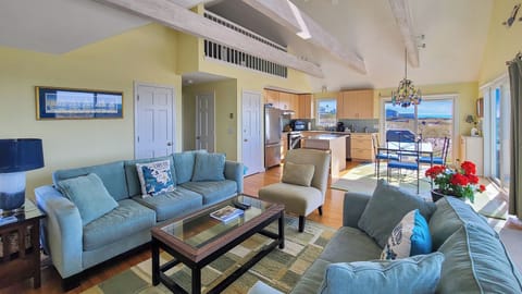 Comfortable living room with kitchen and dining area beyond