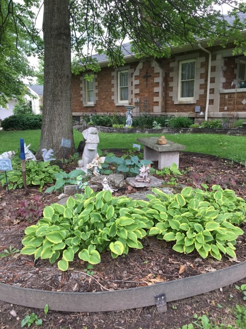 Large yard with gardens