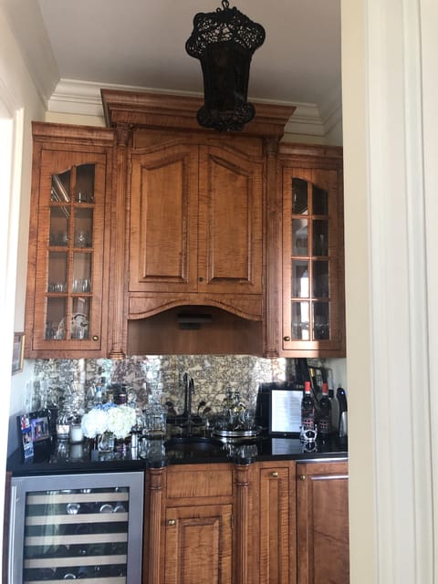 Amish Tiger Maple Wet Bar with Ice Maker, Wine Cooler, and Sink