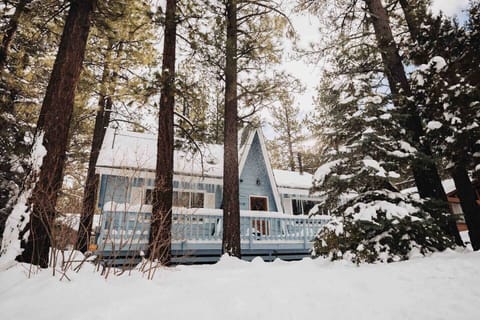 Street view of the cabin with snow