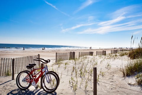 Scenic beachside with bikes, sand dunes, and ocean views under a bright blue sky.