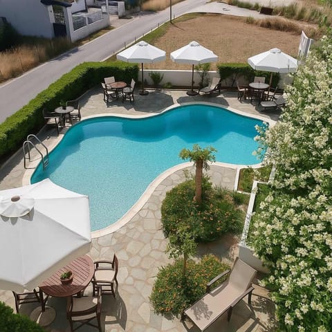 Aerial View of the Pool – Relaxation from Above
Overhead shot capturing the inviting layout of the pool and surrounding sunbeds.